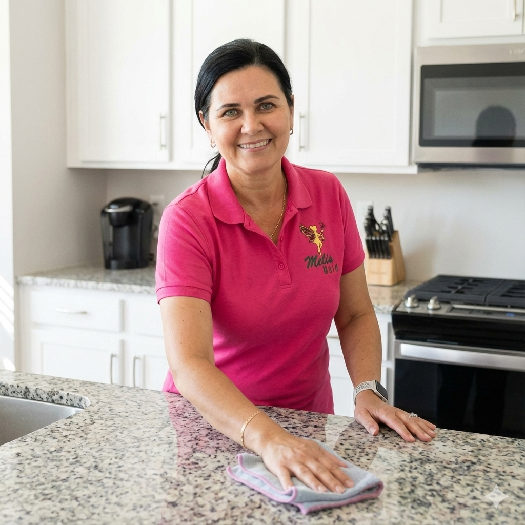 Meli cleaning a bright kitchen counter