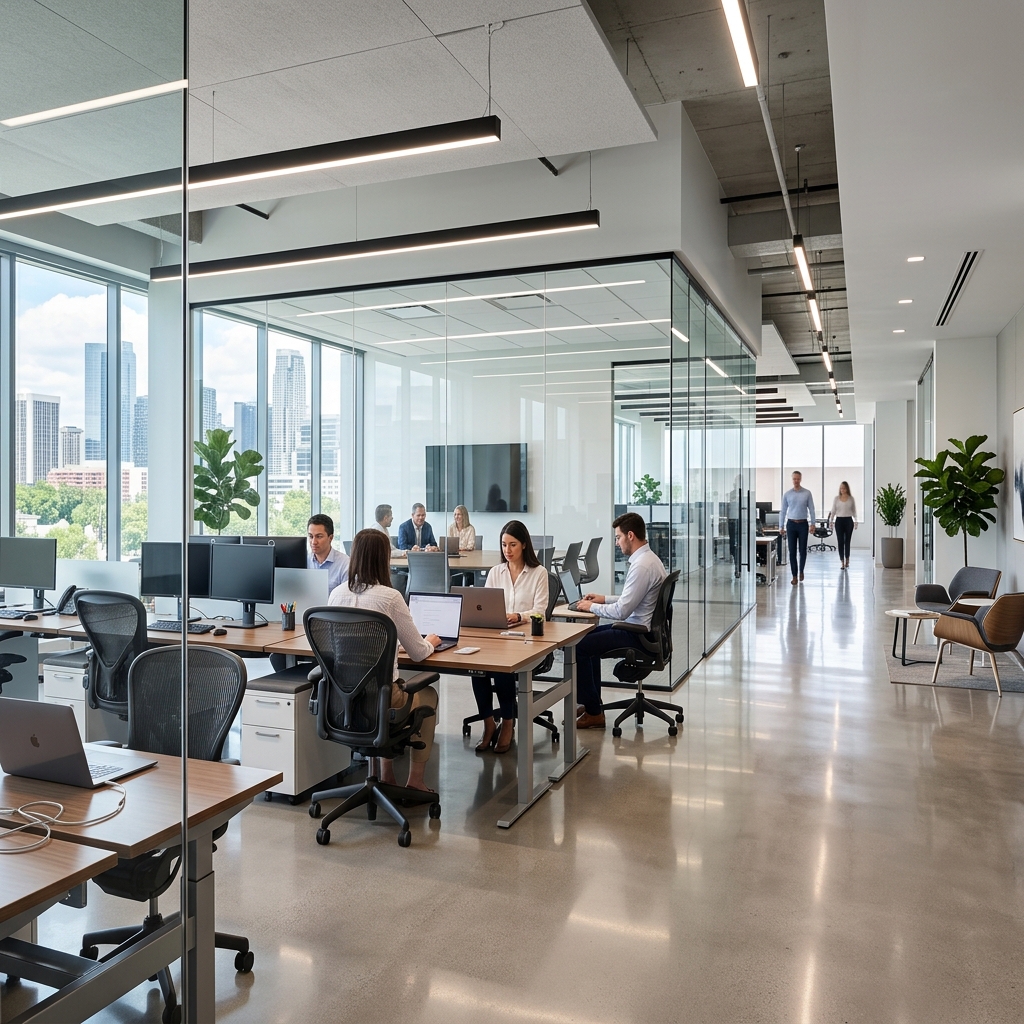 Clean commercial office and shared workspace maintained by Meli's Maid Calgary
